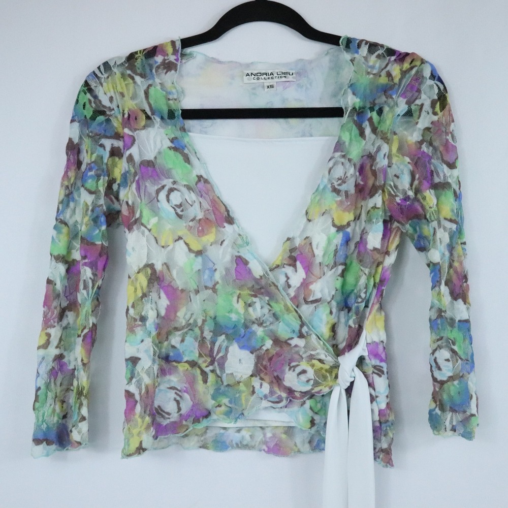 Y2K Andria Lieu Multicolor Pastel Watercolor Floral Lace Wrap Top Womens Sz XS